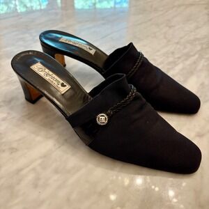 Brighton Quest Black Fabric Mules Braided Leather Detail Heeled Slides Italy 10M